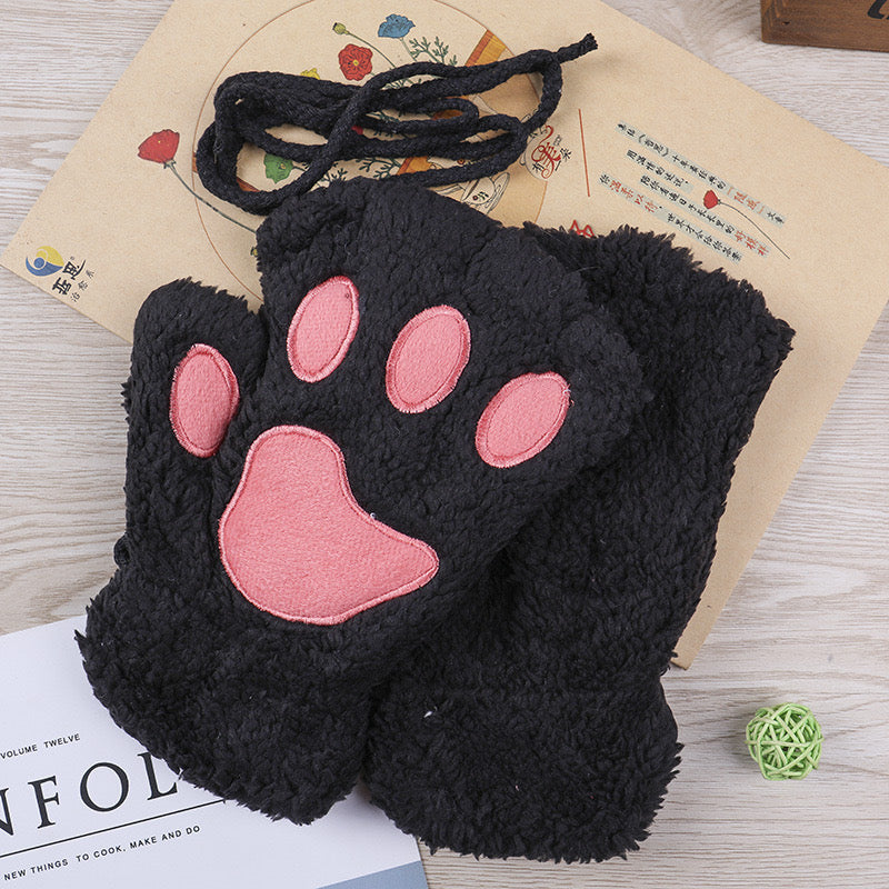 Fluffy Cat Paw Fingerless Gloves-Luxandluxy