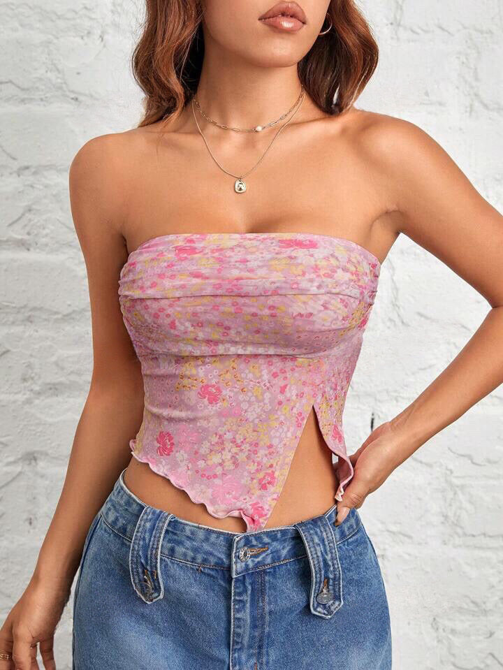 Flutter Hem Side Slit Asymmetric Tube Top-Luxandluxy