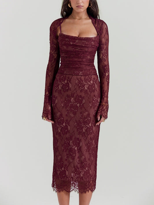 Gaia Claret Lace Midi Dress