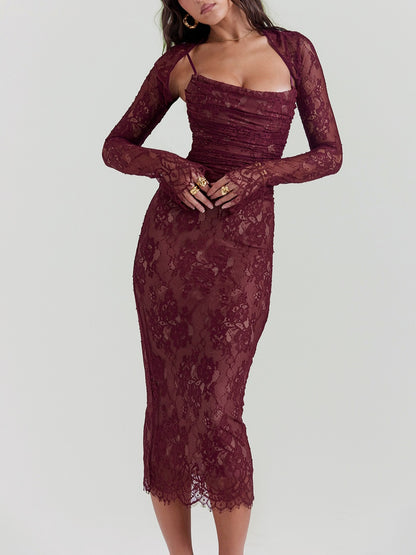 Gaia Claret Lace Midi Dress