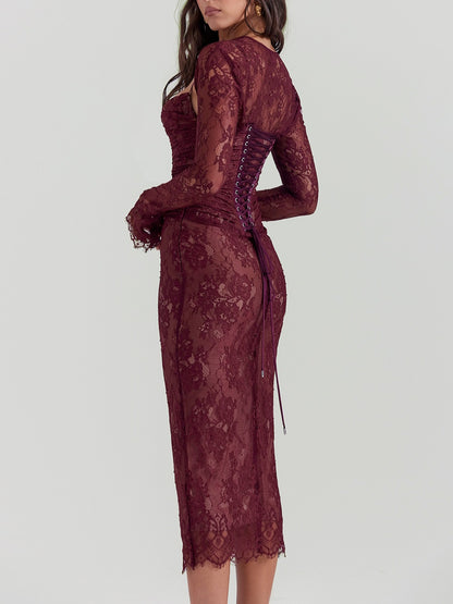 Gaia Claret Lace Midi Dress