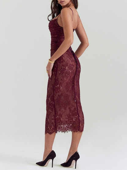 Gaia Claret Lace Midi Dress