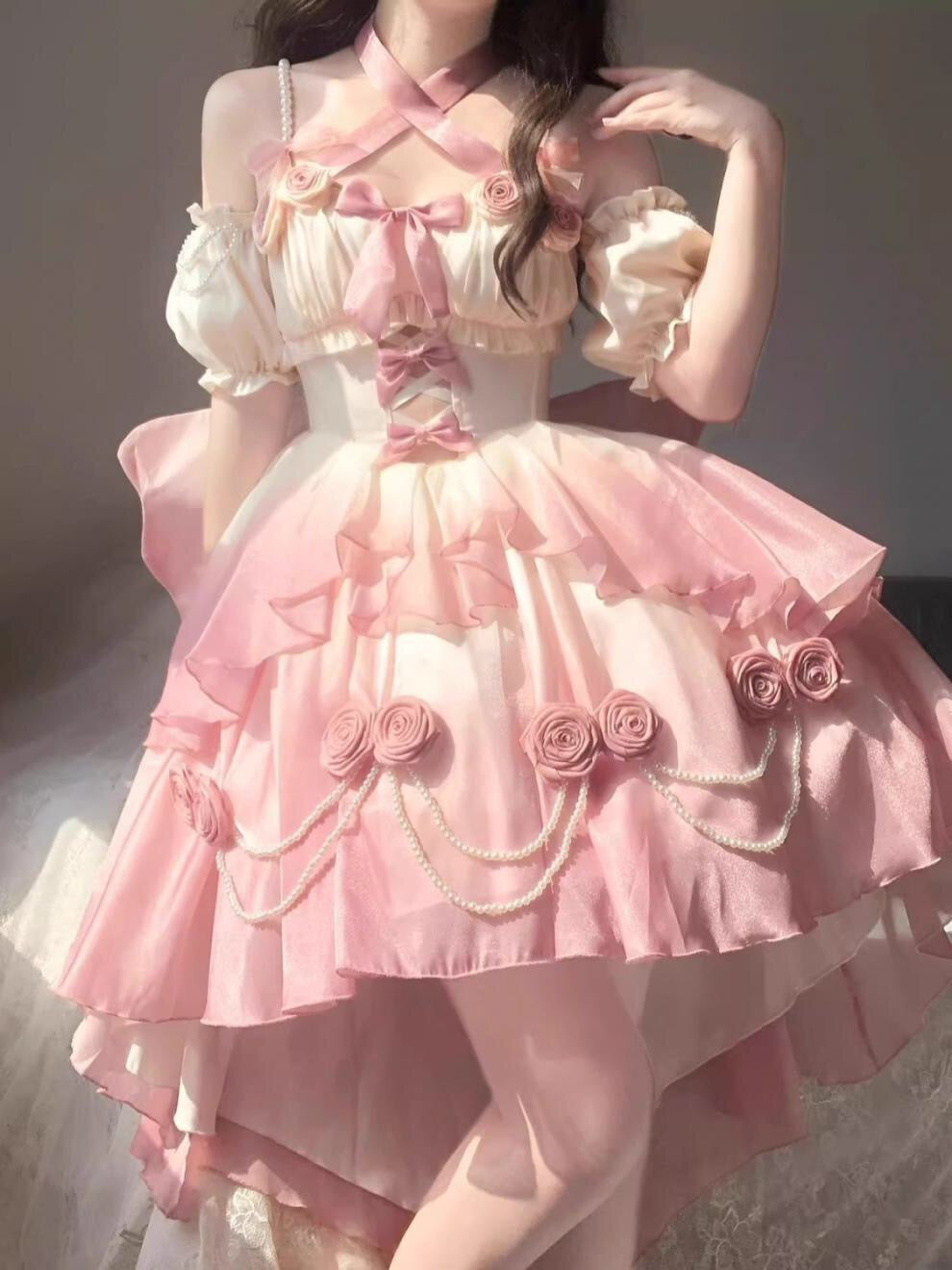 Gradient Bowknot Pearl Rosette Lolita Dress-Luxandluxy