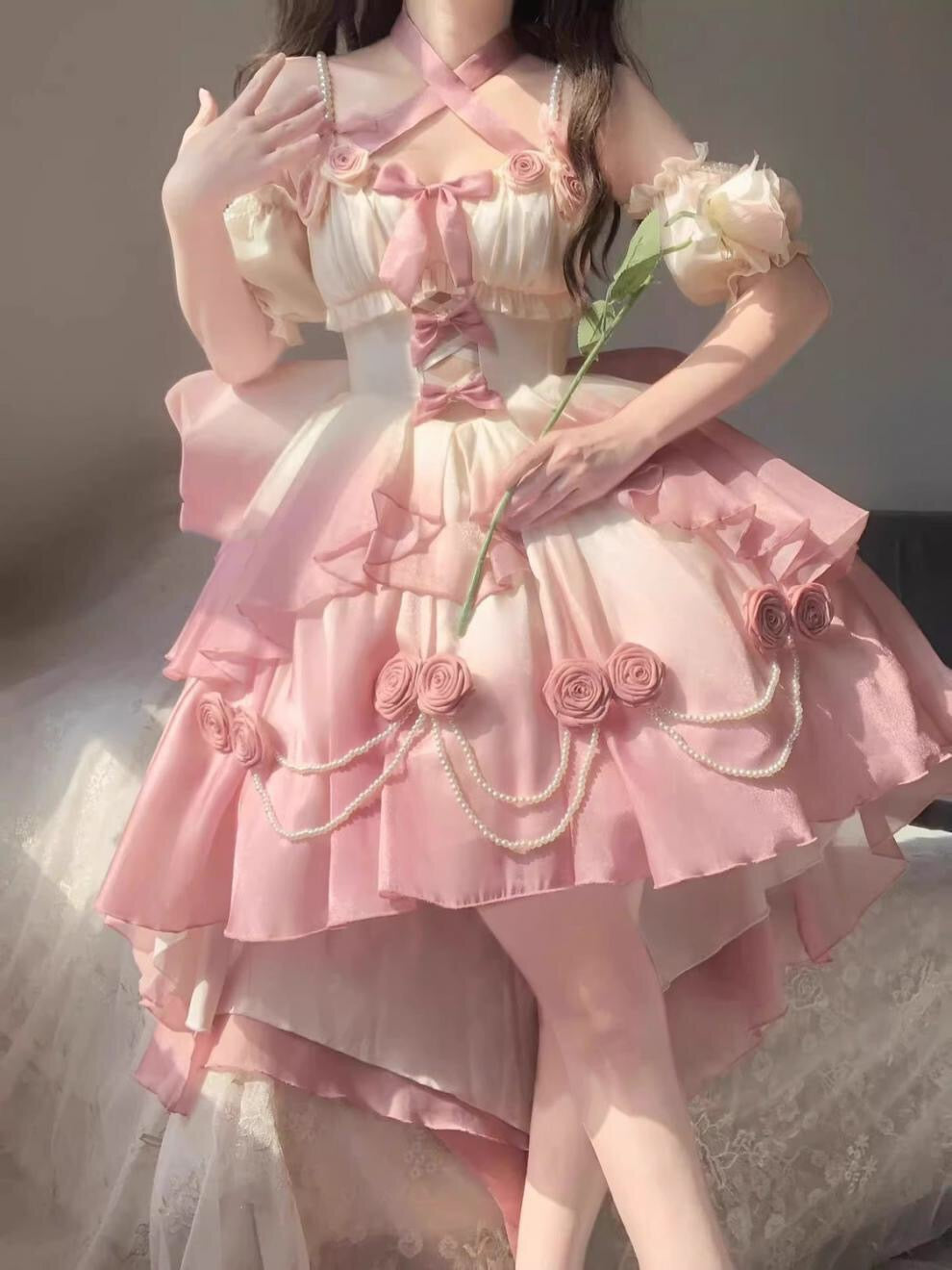 Gradient Bowknot Pearl Rosette Lolita Dress-Luxandluxy