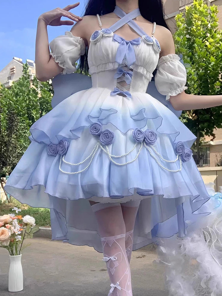 Gradient Bowknot Pearl Rosette Lolita Dress-Luxandluxy