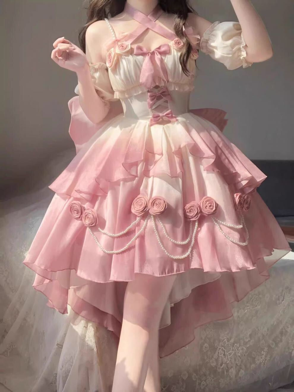 Gradient Bowknot Pearl Rosette Lolita Dress-Luxandluxy