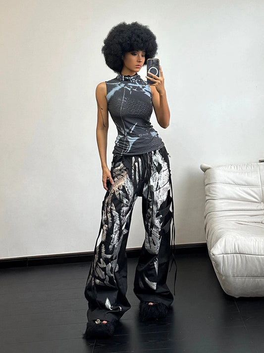 Graffiti Side Straps Wide Leg Pants-Luxandluxy