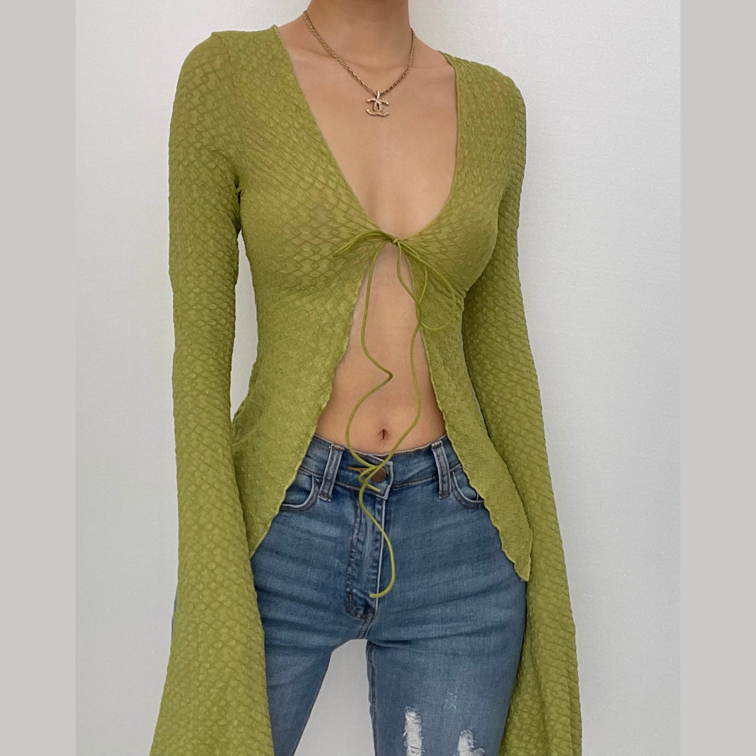 Green Textured Tie-Up Bell Sleeve Top-Luxandluxy