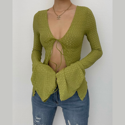 Green Textured Tie-Up Bell Sleeve Top-Luxandluxy