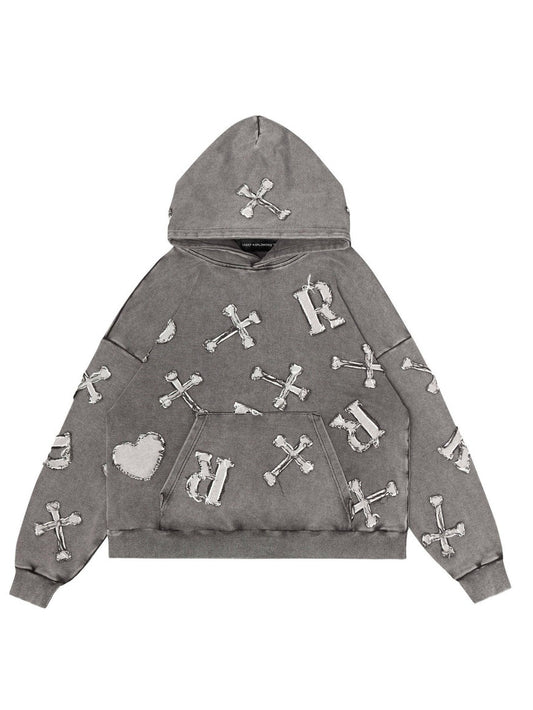 Frayed Cross & Letter Patch Hoodie