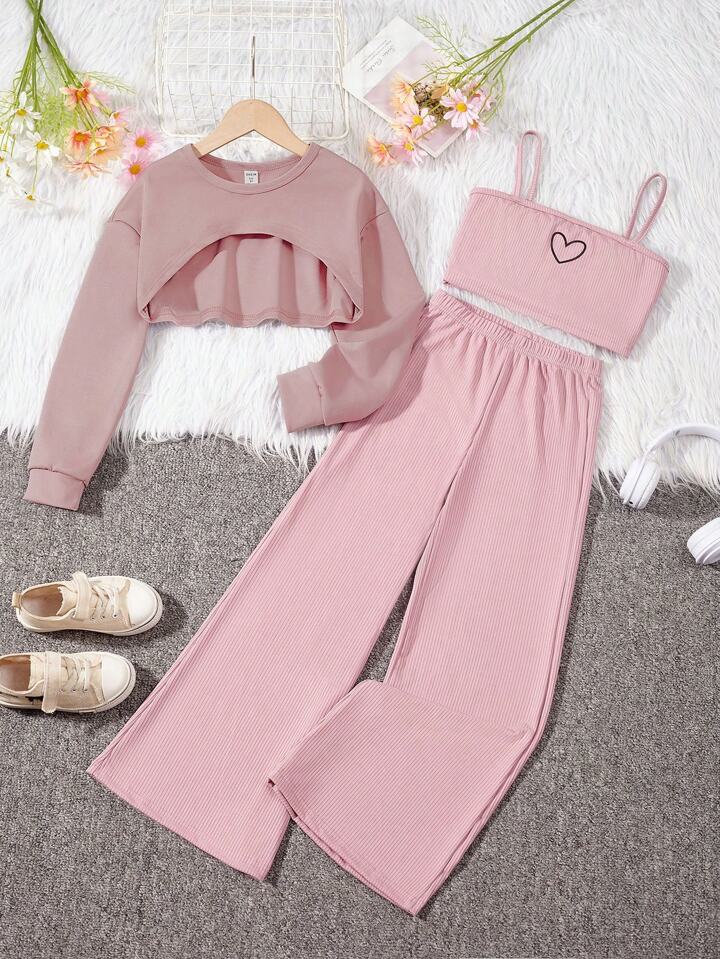 Heart Sweatshirt Cami Flare Pants 3pcs Set-Luxandluxy