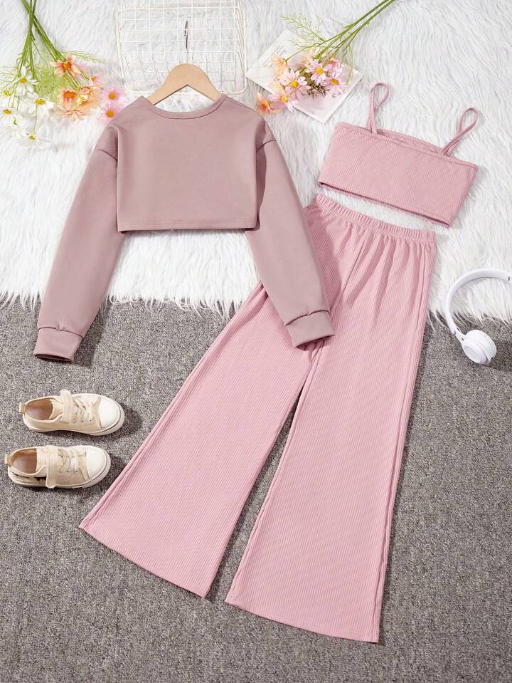 Heart Sweatshirt Cami Flare Pants 3pcs Set-Luxandluxy