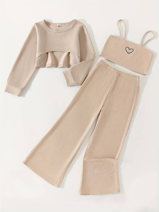 Heart Sweatshirt Cami Flare Pants 3pcs Set-Luxandluxy