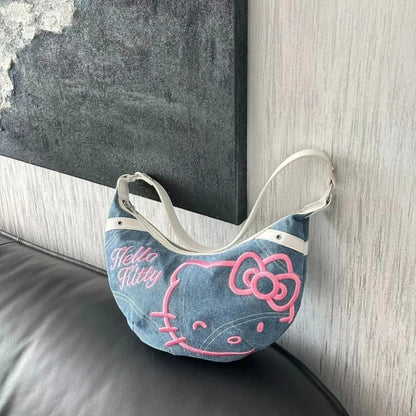 Hello Kitty Half Moon Denim Shoulder Bag-Luxandluxy