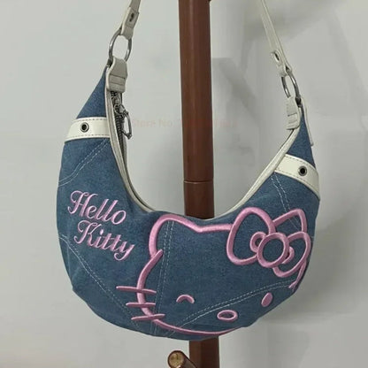 Hello Kitty Half Moon Denim Shoulder Bag-Luxandluxy