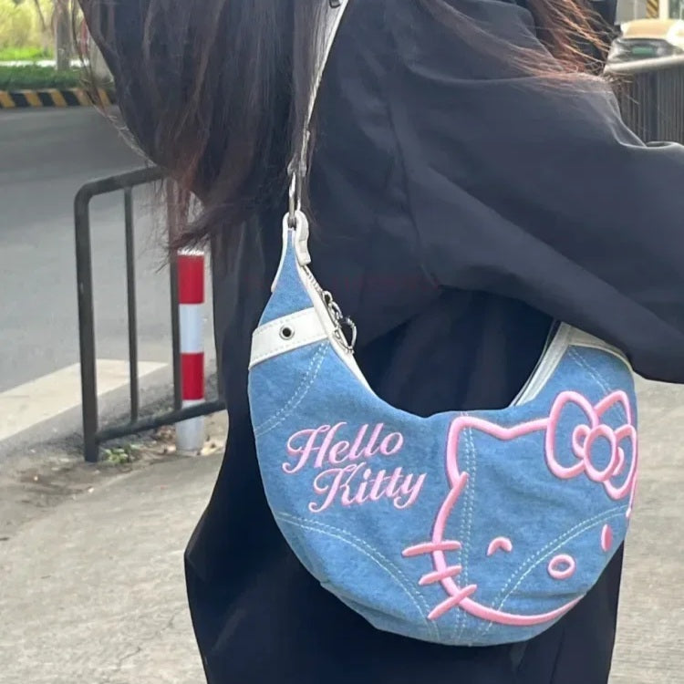 Hello Kitty Half Moon Denim Shoulder Bag-Luxandluxy