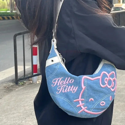 Hello Kitty Half Moon Denim Shoulder Bag-Luxandluxy