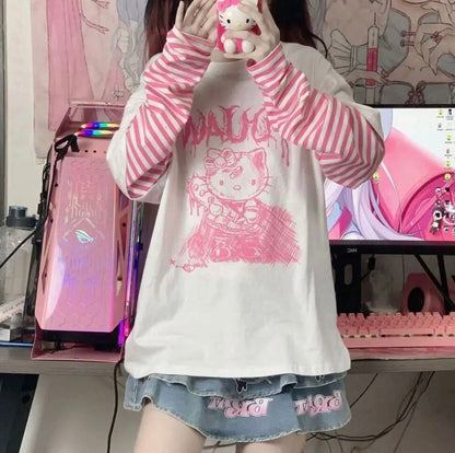 Hello Kitty Sketch Graphic Striped Sleeve T-Shirt-Luxandluxy