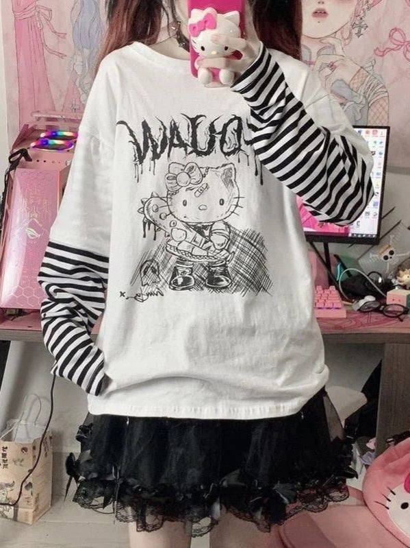 Hello Kitty Sketch Graphic Striped Sleeve T-Shirt-Luxandluxy