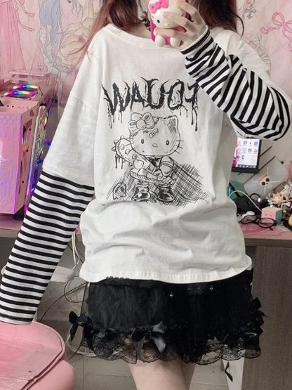 Hello Kitty Sketch Graphic Striped Sleeve T-Shirt-Luxandluxy