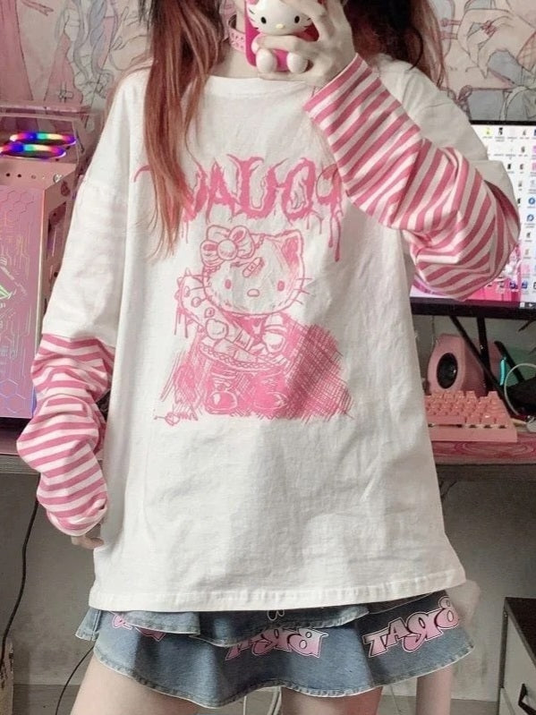 Hello Kitty Sketch Graphic Striped Sleeve T-Shirt-Luxandluxy