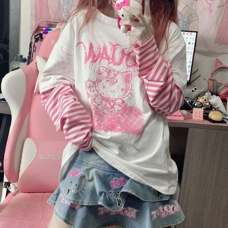 Hello Kitty Sketch Graphic Striped Sleeve T-Shirt-Luxandluxy