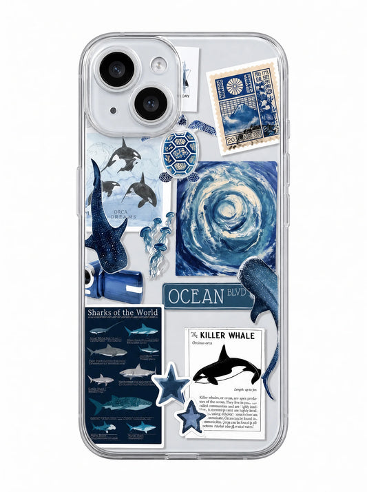 Blue Ocean Whale Collage Clear iPhone Case