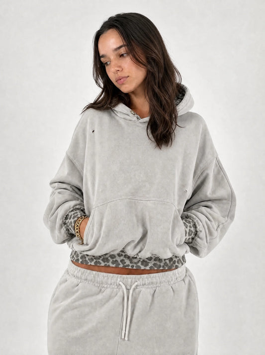 Leopard Print Trim Cropped Hoodie