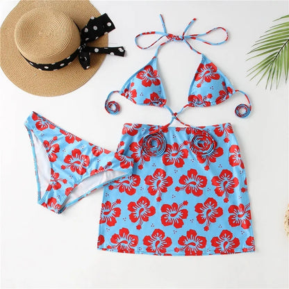 Hibiscus Floral Print 3 Piece Bikini Set-Luxandluxy