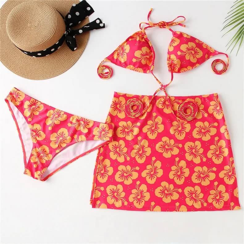 Hibiscus Floral Print 3 Piece Bikini Set-Luxandluxy