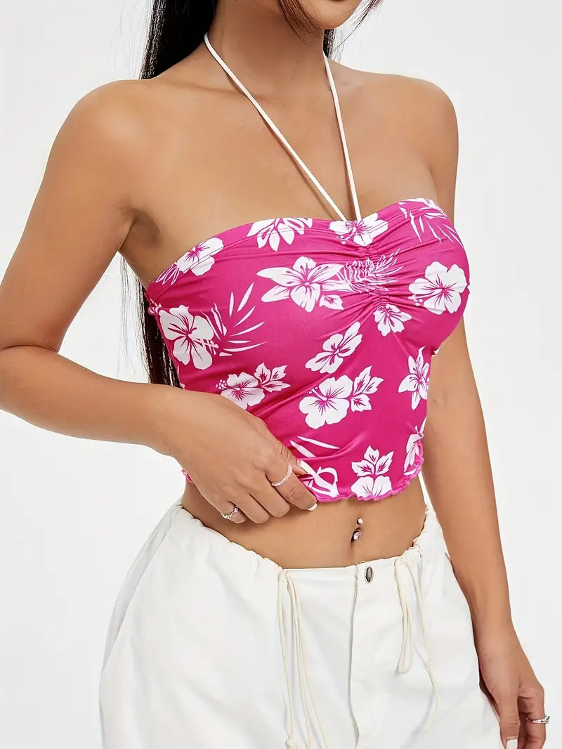 Hibiscus Floral Ruched Bust Halter Crop Top-Luxandluxy