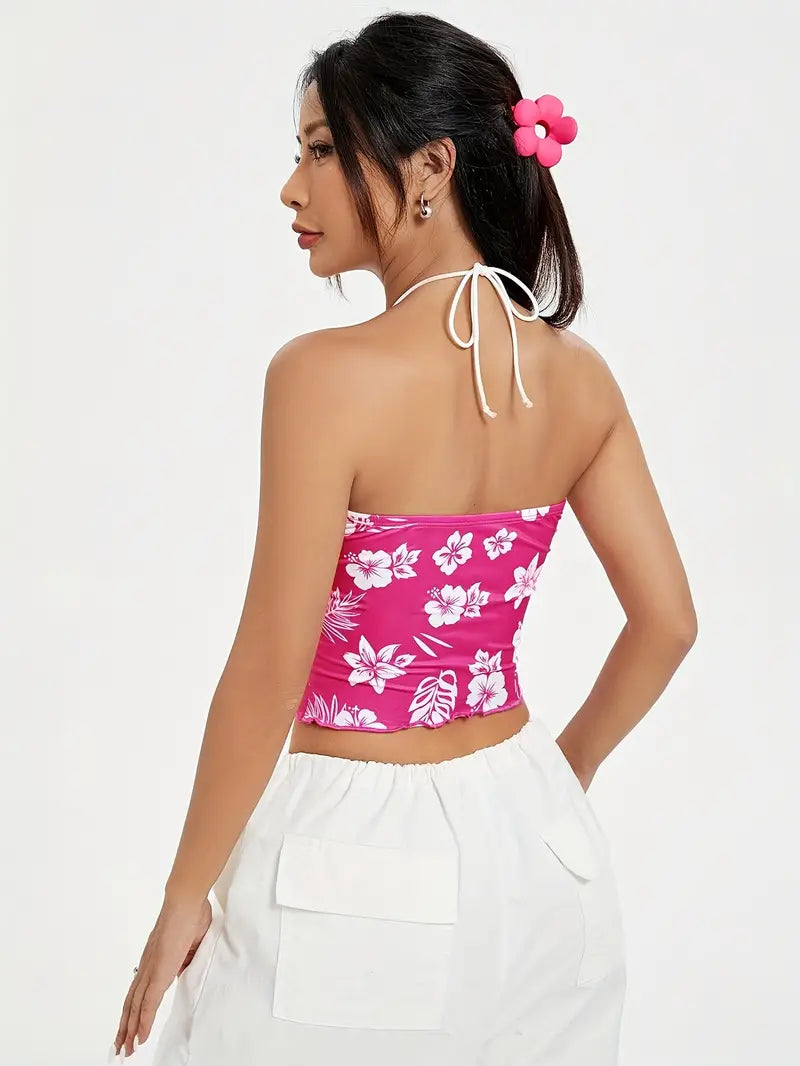 Hibiscus Floral Ruched Bust Halter Crop Top-Luxandluxy