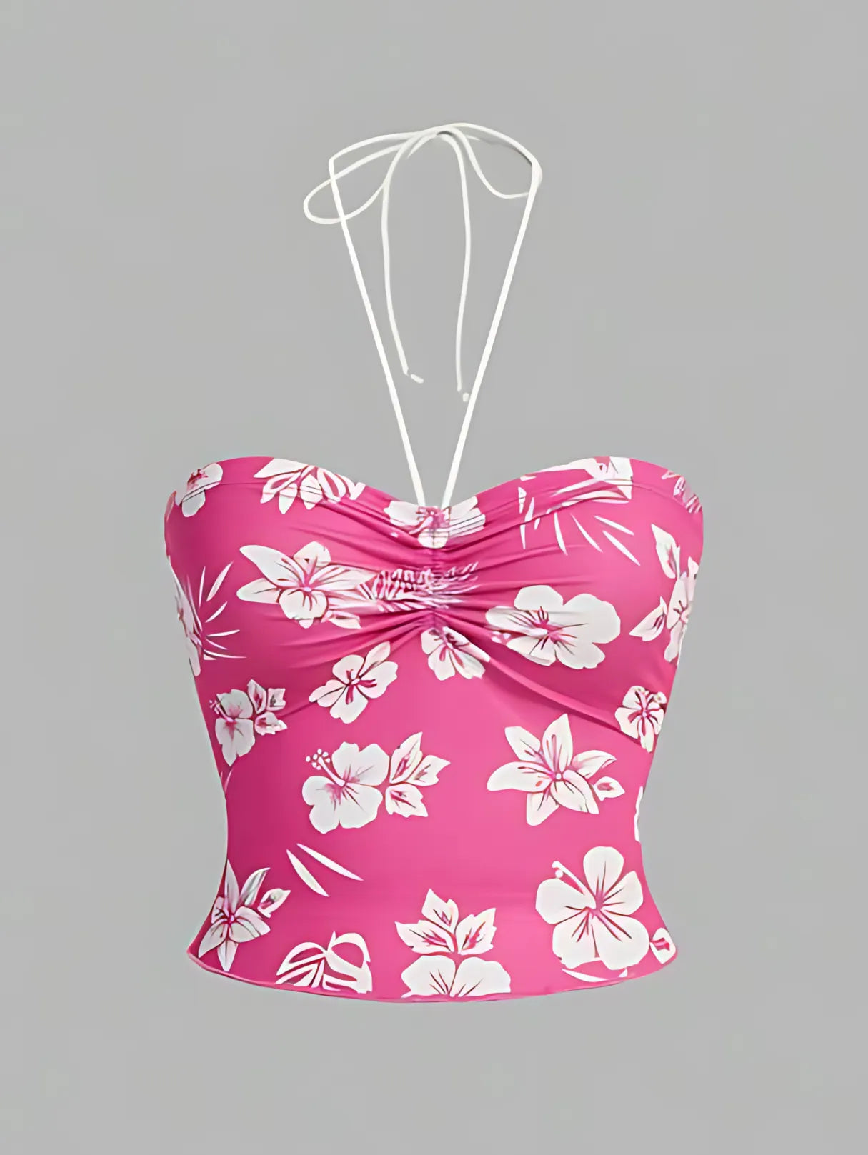 Hibiscus Floral Ruched Bust Halter Crop Top-Luxandluxy