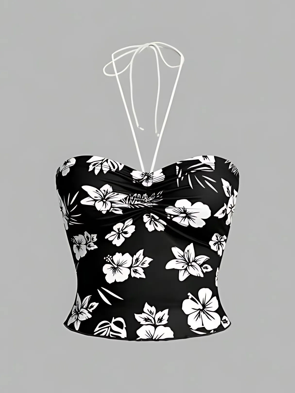 Hibiscus Floral Ruched Bust Halter Crop Top-Luxandluxy