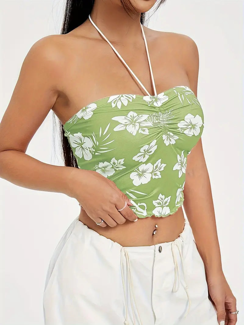 Hibiscus Floral Ruched Bust Halter Crop Top-Luxandluxy