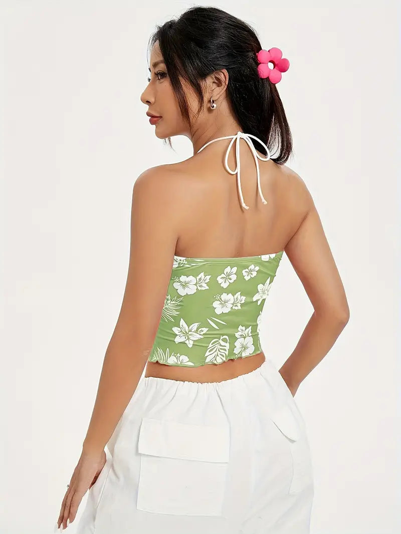 Hibiscus Floral Ruched Bust Halter Crop Top-Luxandluxy