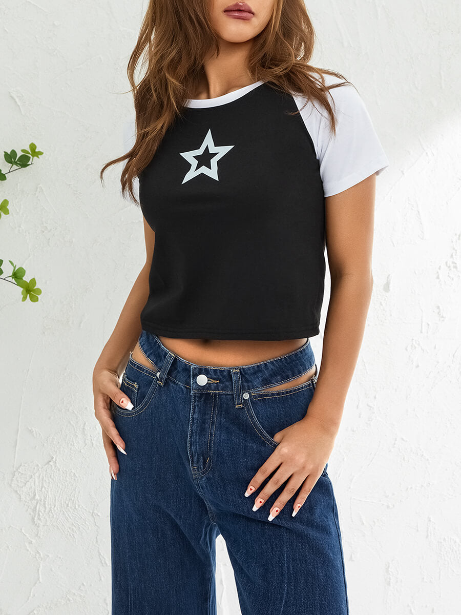 Hollow Star Print Crop T-Shirt-Luxandluxy