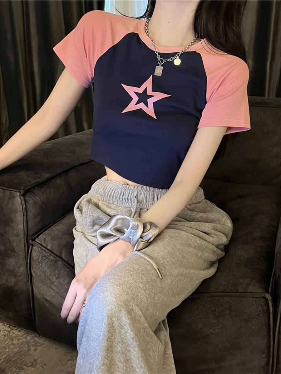 Hollow Star Print Crop T-Shirt-Luxandluxy