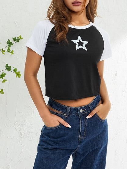 Hollow Star Print Crop T-Shirt-Luxandluxy