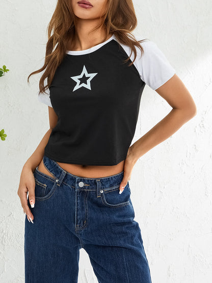 Hollow Star Print Crop T-Shirt-Luxandluxy