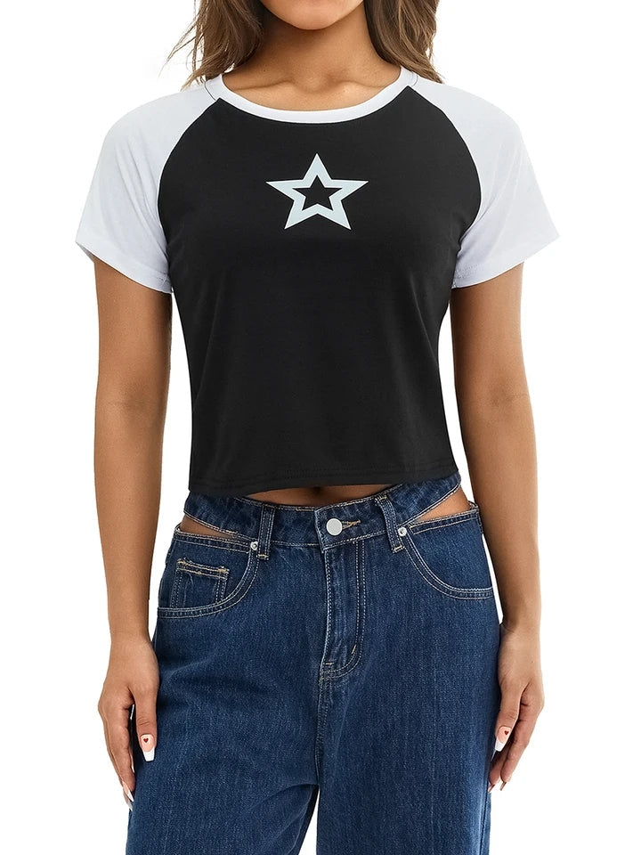 Hollow Star Print Crop T-Shirt-Luxandluxy