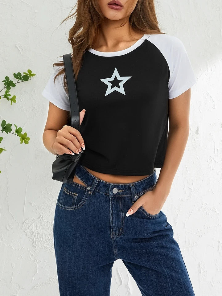 Hollow Star Print Crop T-Shirt-Luxandluxy