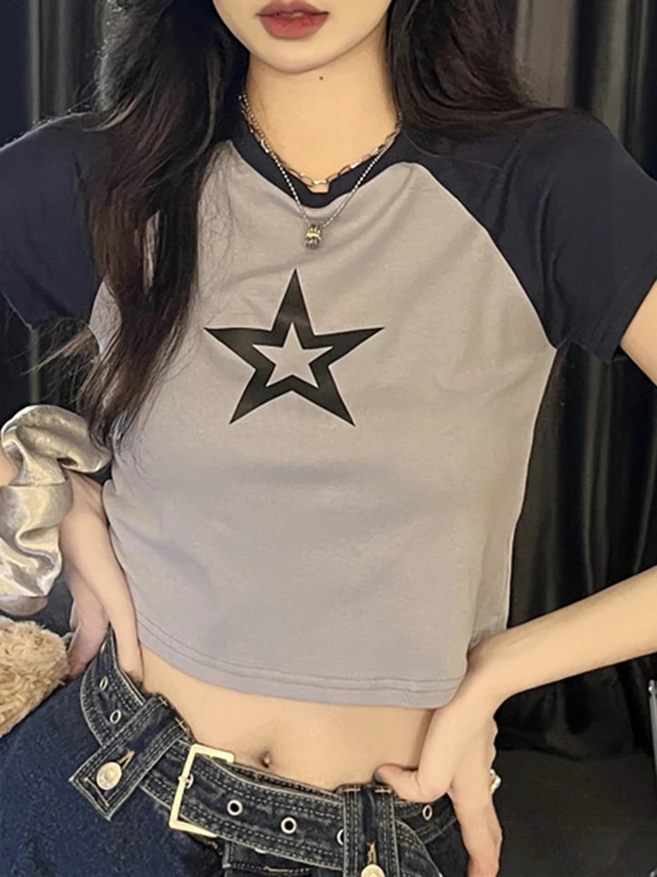 Hollow Star Print Crop T-Shirt-Luxandluxy