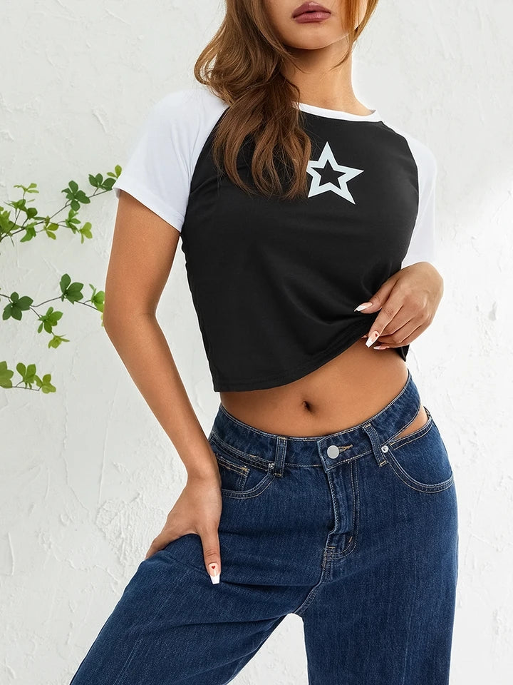 Hollow Star Print Crop T-Shirt-Luxandluxy