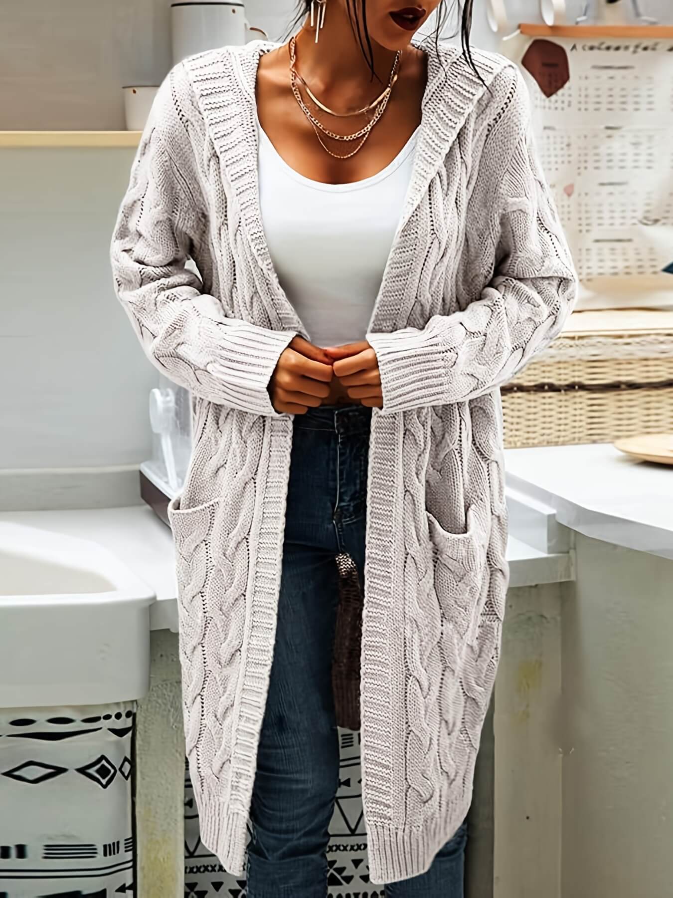 Hooded Twist Knit Pocket Cardigan-Luxandluxy