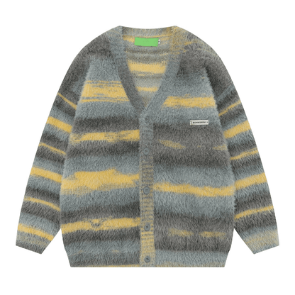 Horizontal Stripes Mohair Button-Up Knitted Sweater-Luxandluxy