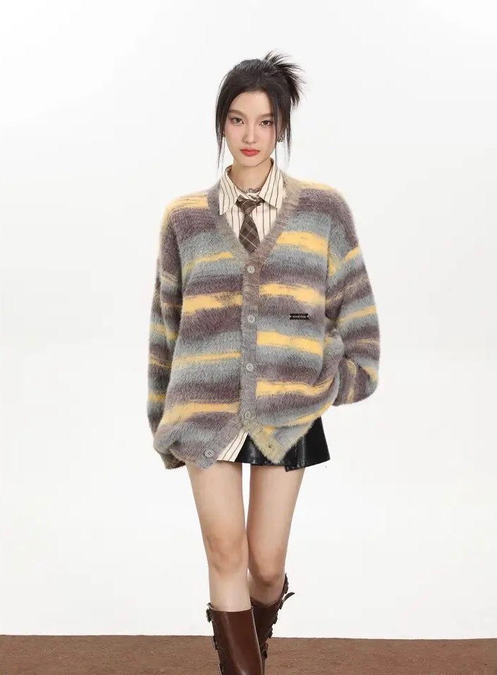 Horizontal Stripes Mohair Button-Up Knitted Sweater-Luxandluxy