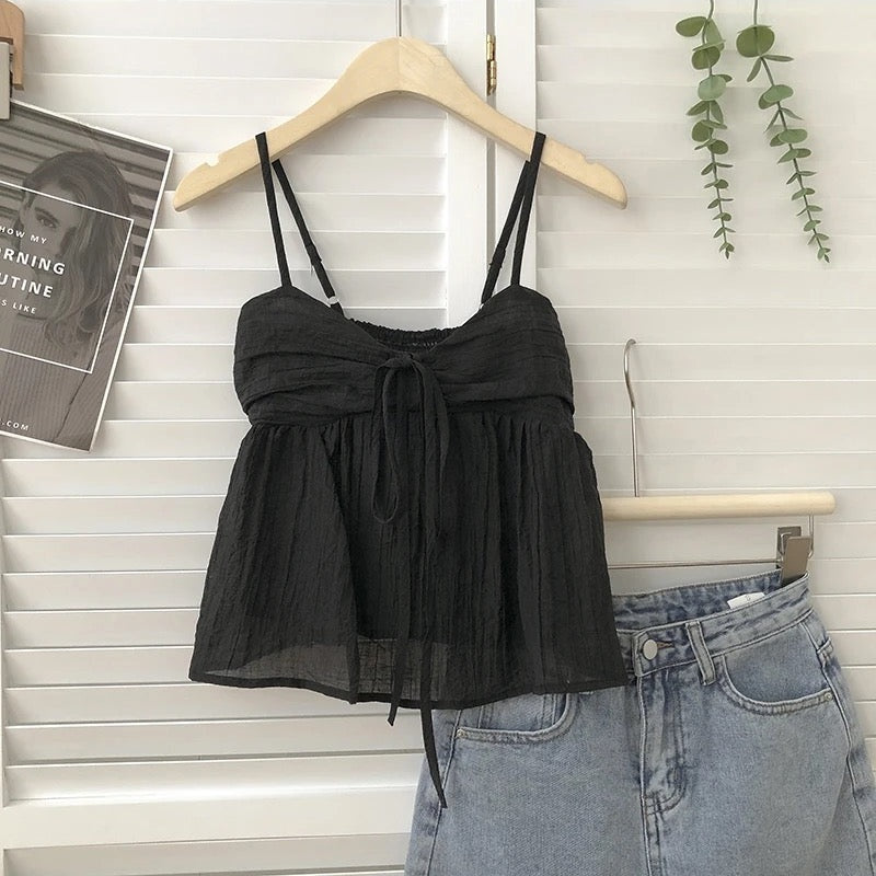 Front Tie Ruched Bust Mesh Tank Top