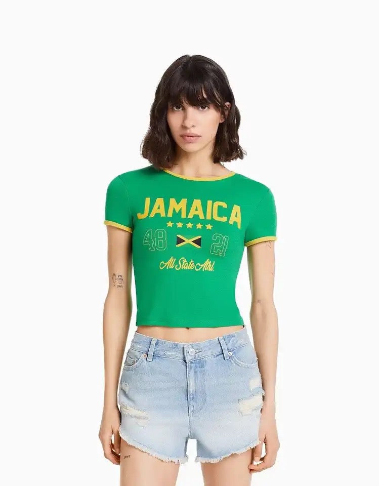 'Jamaica' '48' '21' Crew Neck Crop Top-Luxandluxy