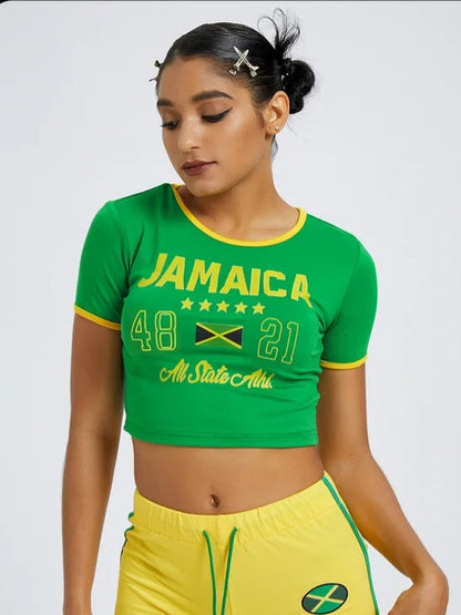 'Jamaica' '48' '21' Crew Neck Crop Top-Luxandluxy